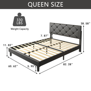 uhomepro Beige Queen Bed Frame for Adults Kids, Modern Faux Leather Upholstered Platform Bed Frame with Headboard, Queen Size Bed Frame Bedroom Furniture with Wood Slats Support, No Box Spring Needed