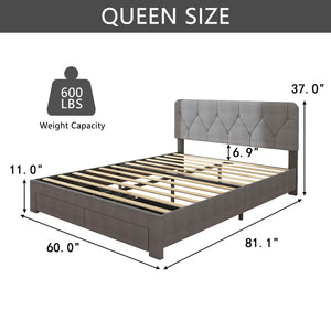 uhomepro Modern Upholstered Platform Bed with Adjustable Headboard, 2 Storage Drawers, Wood Full Bed Frame for Kids Adults, Bedroom Furniture with Wood Slat Support, No Box Spring Needed