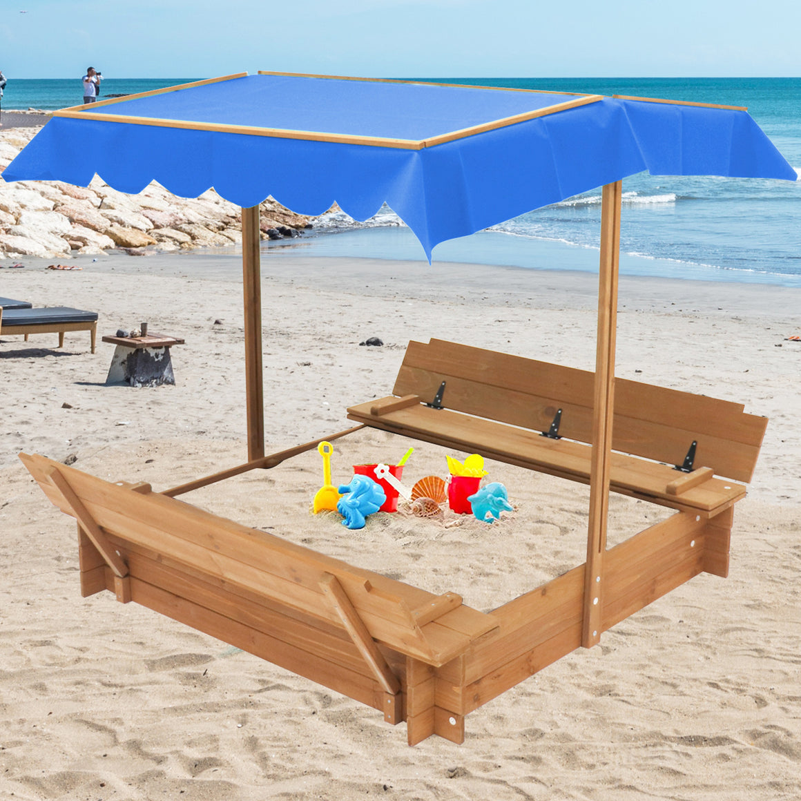 uhomepro Wooden Sandbox for Kids Toddler Play, Adjustable Height and UV-Resistant Canopy Shade, 3-10 Years Old Boys Girls Outdoor Toys
